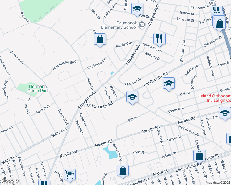 map of restaurants, bars, coffee shops, grocery stores, and more near 507 Half Hollow Road in Deer Park