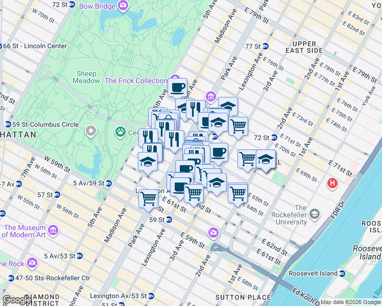 map of restaurants, bars, coffee shops, grocery stores, and more near in New York