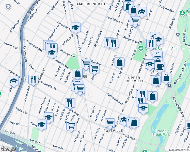 map of restaurants, bars, coffee shops, grocery stores, and more near 30 Ellington Street in East Orange