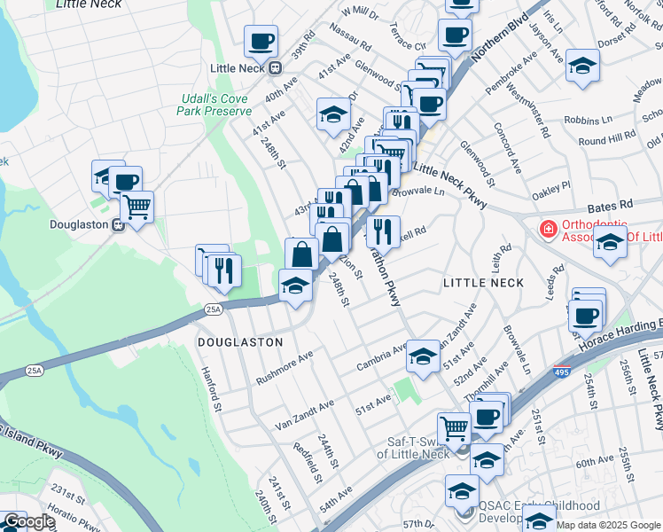 map of restaurants, bars, coffee shops, grocery stores, and more near 248-10 Northern Boulevard in Queens