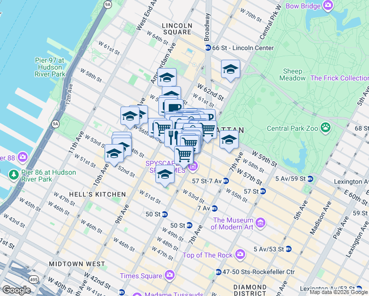 map of restaurants, bars, coffee shops, grocery stores, and more near 322 West 57th Street in New York