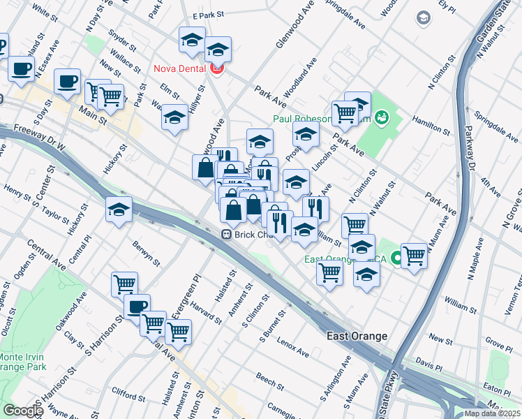 map of restaurants, bars, coffee shops, grocery stores, and more near 7 Lincoln Street in East Orange