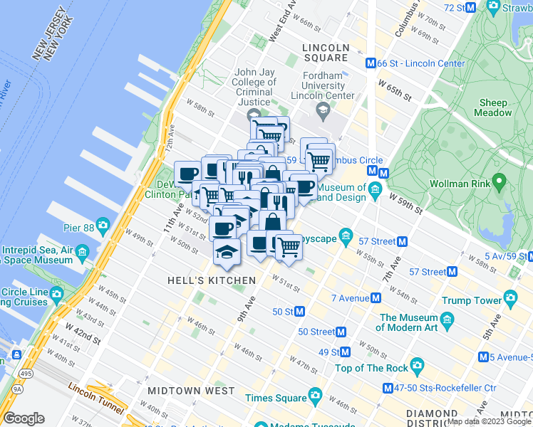 map of restaurants, bars, coffee shops, grocery stores, and more near 443 West 54th Street in New York