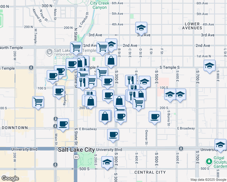 map of restaurants, bars, coffee shops, grocery stores, and more near  in Salt Lake City