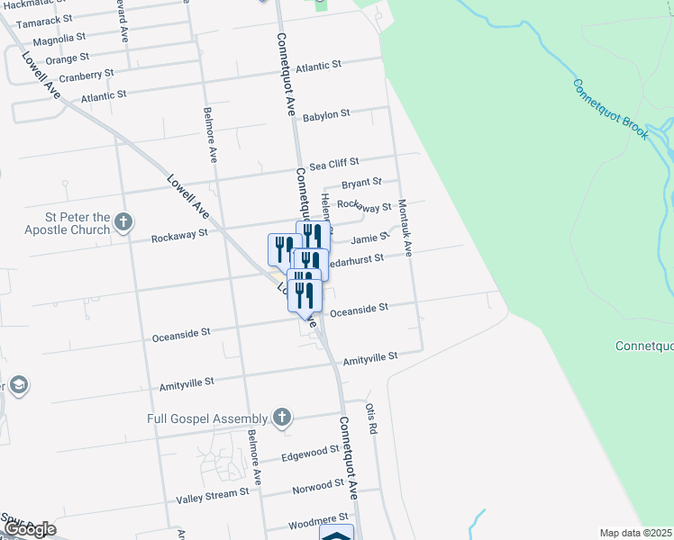 map of restaurants, bars, coffee shops, grocery stores, and more near 324 Cedarhurst Street in Islip Terrace