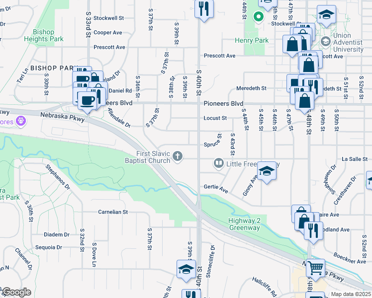 map of restaurants, bars, coffee shops, grocery stores, and more near 3831 Spruce Street in Lincoln
