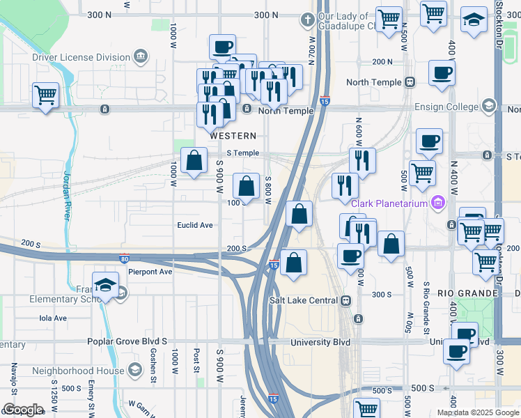 map of restaurants, bars, coffee shops, grocery stores, and more near 803 West 100 South in Salt Lake City