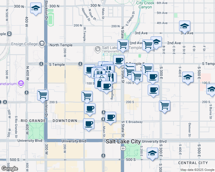 map of restaurants, bars, coffee shops, grocery stores, and more near 111 Main Street in Salt Lake City