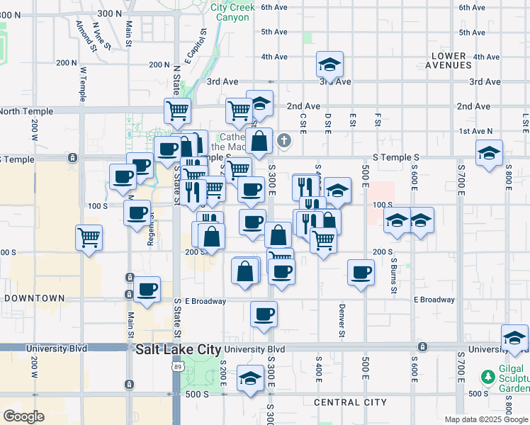 map of restaurants, bars, coffee shops, grocery stores, and more near 278 East 100 South in Salt Lake City