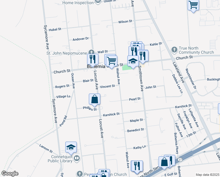 map of restaurants, bars, coffee shops, grocery stores, and more near 16 Vincent Street in Bohemia