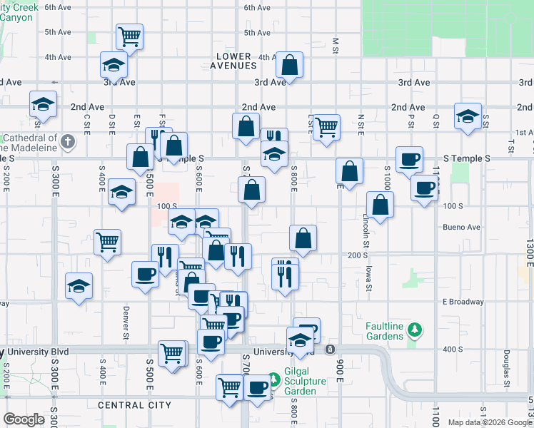 map of restaurants, bars, coffee shops, grocery stores, and more near 732 East 100 South in Salt Lake City