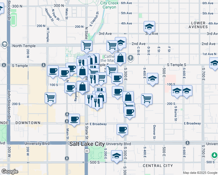 map of restaurants, bars, coffee shops, grocery stores, and more near 101 South 200 East in Salt Lake City