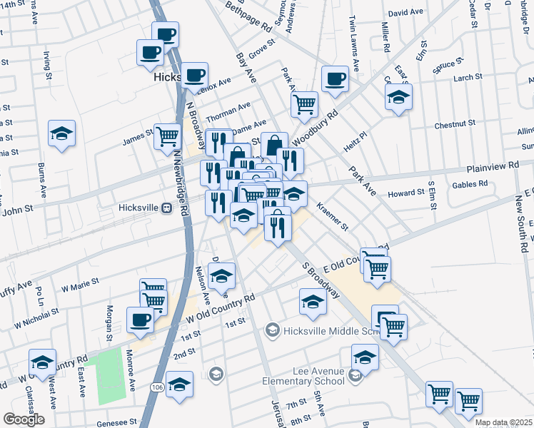 map of restaurants, bars, coffee shops, grocery stores, and more near 105 South Broadway in Hicksville