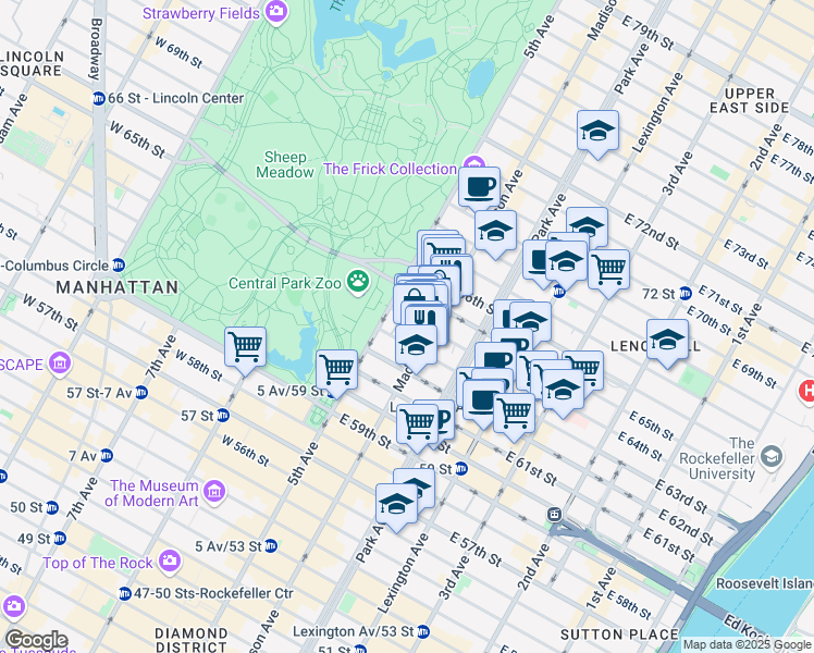 map of restaurants, bars, coffee shops, grocery stores, and more near 14 East 64th Street in New York