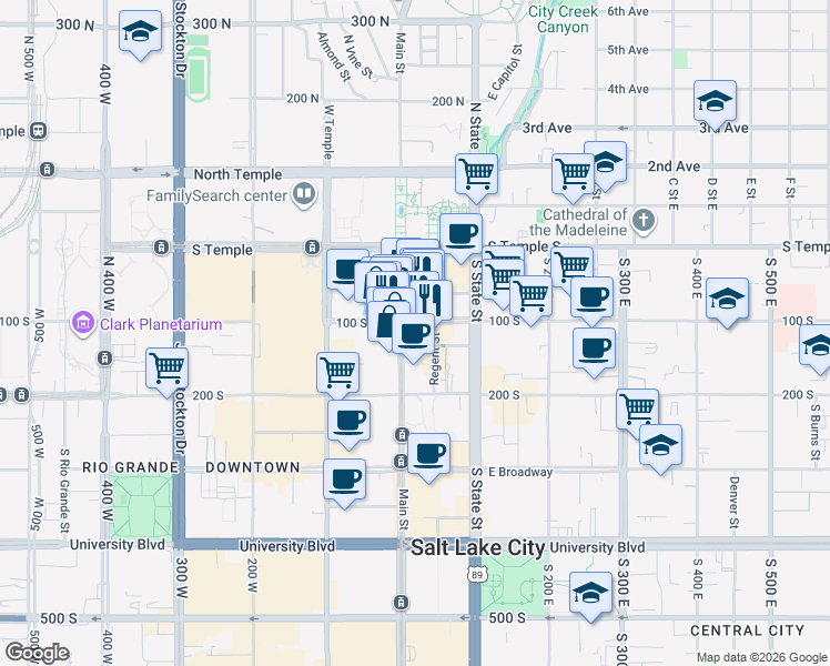 map of restaurants, bars, coffee shops, grocery stores, and more near 111 South Main Street in Salt Lake City