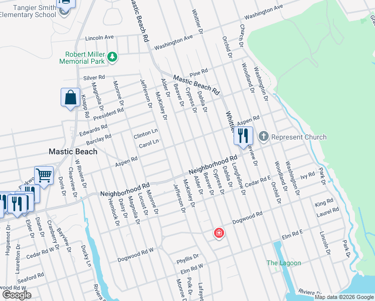 map of restaurants, bars, coffee shops, grocery stores, and more near 77 Alder Drive in Mastic Beach