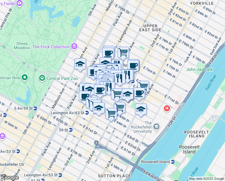 map of restaurants, bars, coffee shops, grocery stores, and more near 210 East 68th Street in New York
