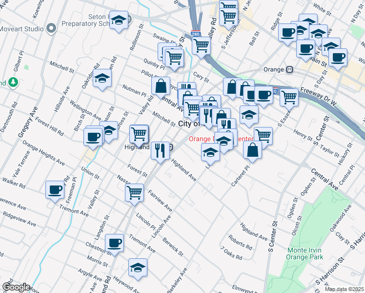 map of restaurants, bars, coffee shops, grocery stores, and more near 492 Conover Terrace in City of Orange