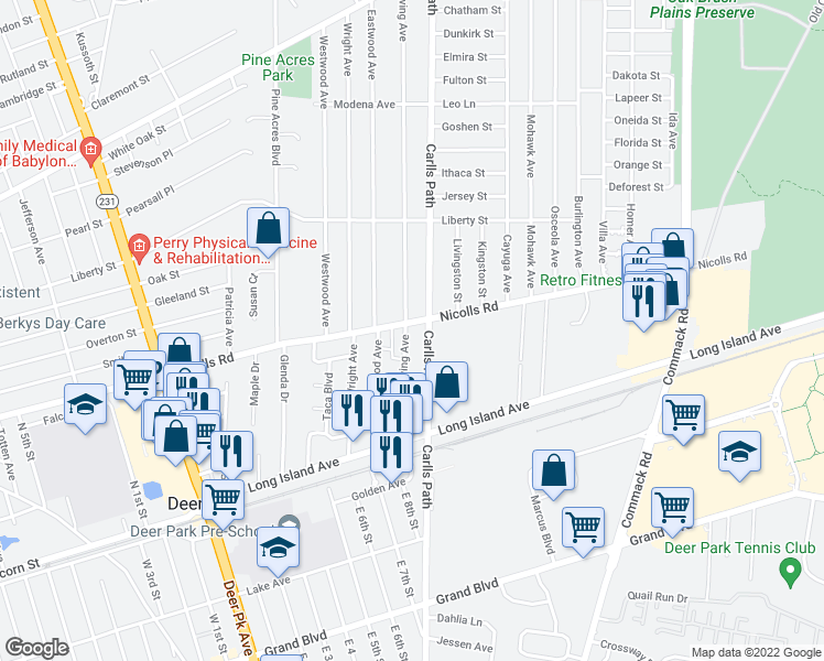 map of restaurants, bars, coffee shops, grocery stores, and more near 93 Irving Avenue in Deer Park