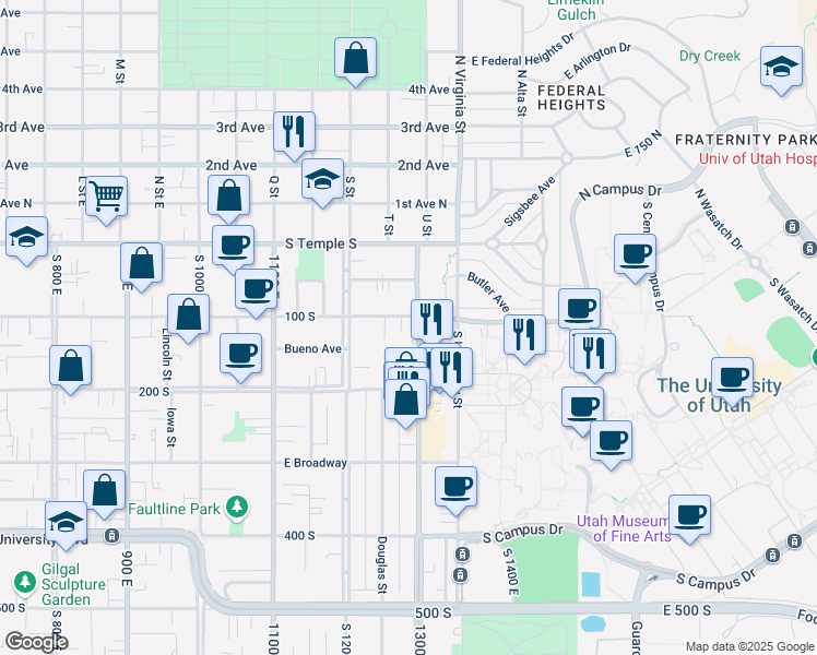 map of restaurants, bars, coffee shops, grocery stores, and more near 1250 East 100 South in Salt Lake City