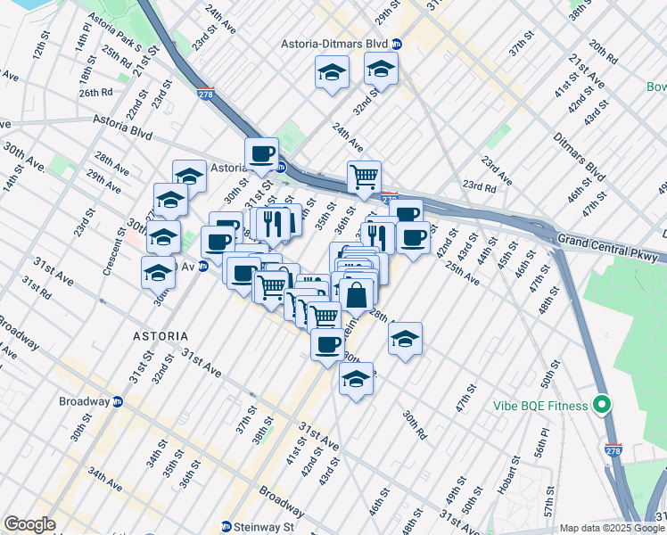 map of restaurants, bars, coffee shops, grocery stores, and more near 25-81 36th Street in Queens