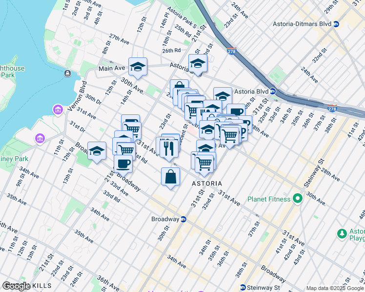 map of restaurants, bars, coffee shops, grocery stores, and more near 2367 30th Drive in Queens