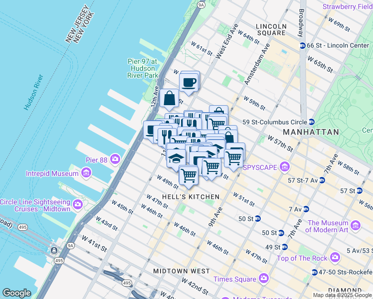 map of restaurants, bars, coffee shops, grocery stores, and more near 528 West 53rd Street in New York