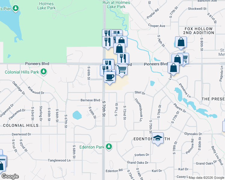map of restaurants, bars, coffee shops, grocery stores, and more near 7030 La Salle St in Lincoln