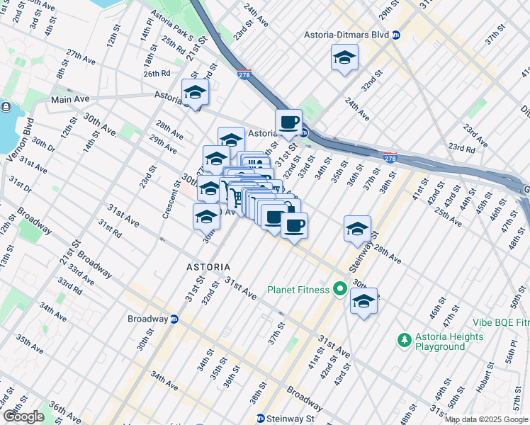 map of restaurants, bars, coffee shops, grocery stores, and more near 32-05 Newtown Avenue in Queens