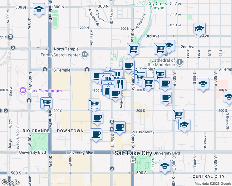 map of restaurants, bars, coffee shops, grocery stores, and more near 111 South Main Street in Salt Lake City