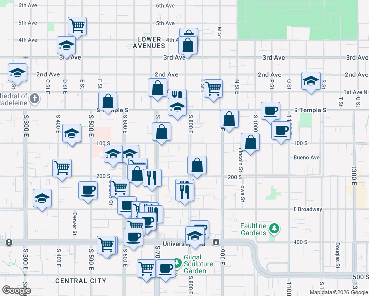 map of restaurants, bars, coffee shops, grocery stores, and more near 110 M Street in Salt Lake City