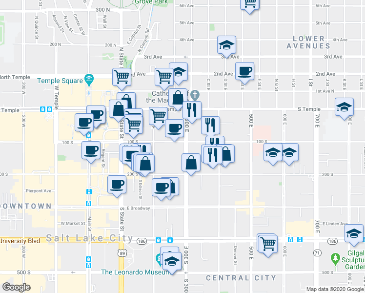 map of restaurants, bars, coffee shops, grocery stores, and more near 278 100 South in Salt Lake City