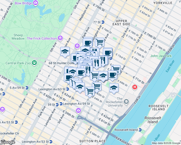 map of restaurants, bars, coffee shops, grocery stores, and more near 210 East 68th Street in New York
