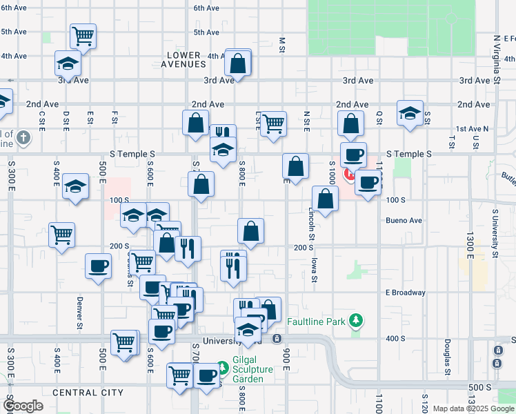 map of restaurants, bars, coffee shops, grocery stores, and more near 828 East 100 South in Salt Lake City