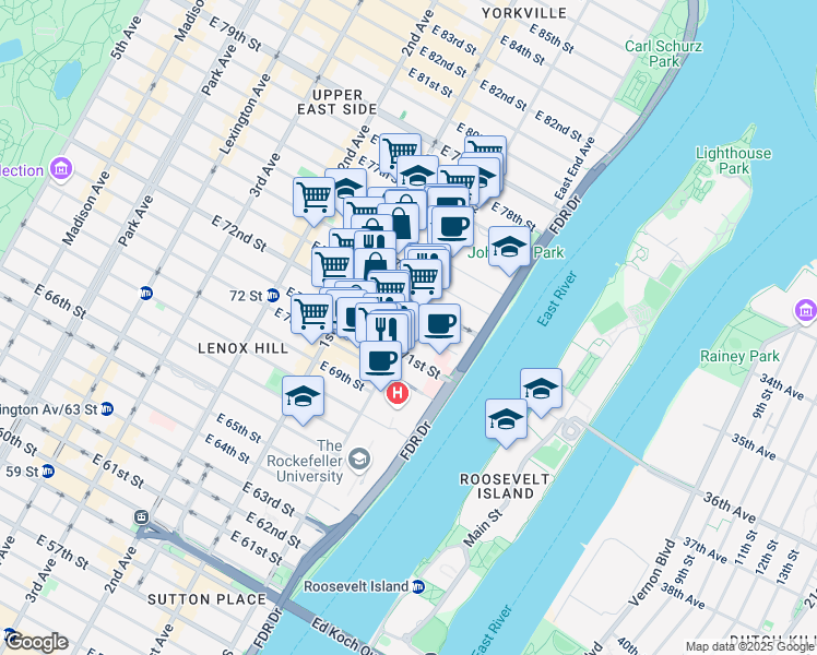 map of restaurants, bars, coffee shops, grocery stores, and more near E 72nd St & York Ave in New York