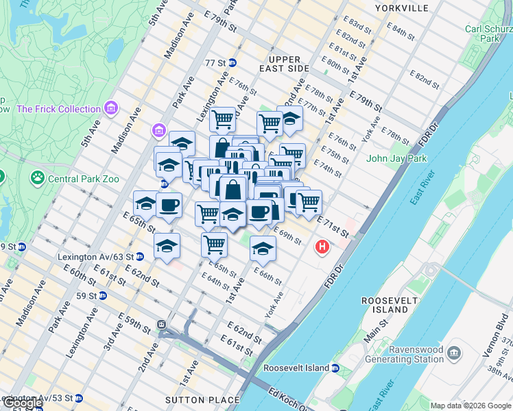 map of restaurants, bars, coffee shops, grocery stores, and more near 320 East 70th Street in New York