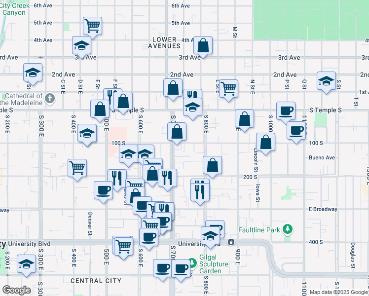 map of restaurants, bars, coffee shops, grocery stores, and more near 732 East 100 South in Salt Lake City