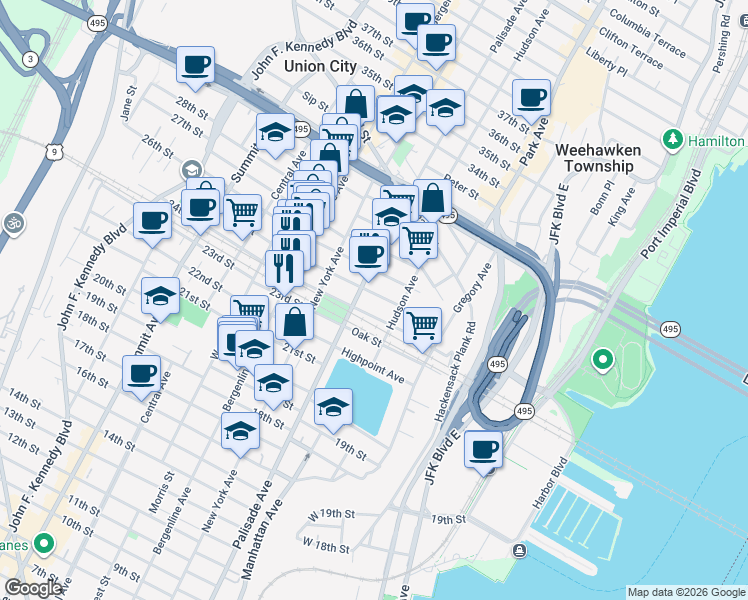 map of restaurants, bars, coffee shops, grocery stores, and more near 2410 Palisade Avenue in Weehawken
