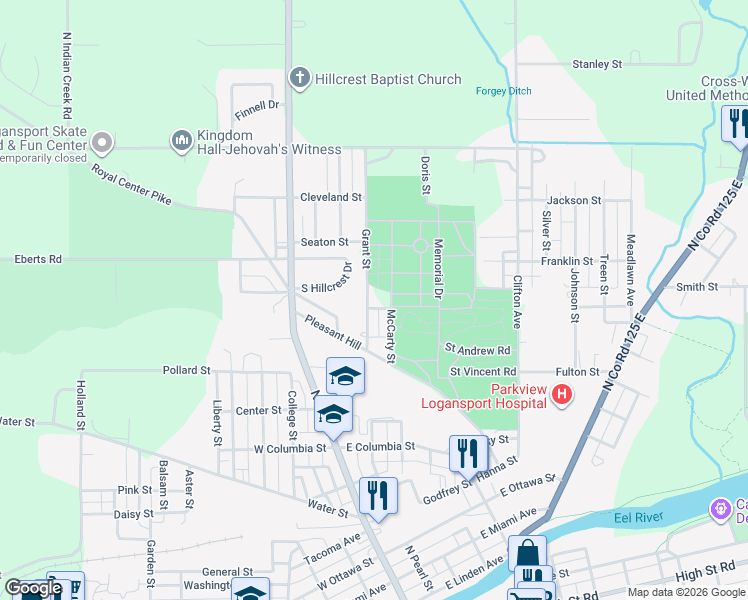 map of restaurants, bars, coffee shops, grocery stores, and more near 1602 Grant Street in Logansport