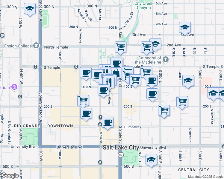 map of restaurants, bars, coffee shops, grocery stores, and more near 40 East 100 South in Salt Lake City