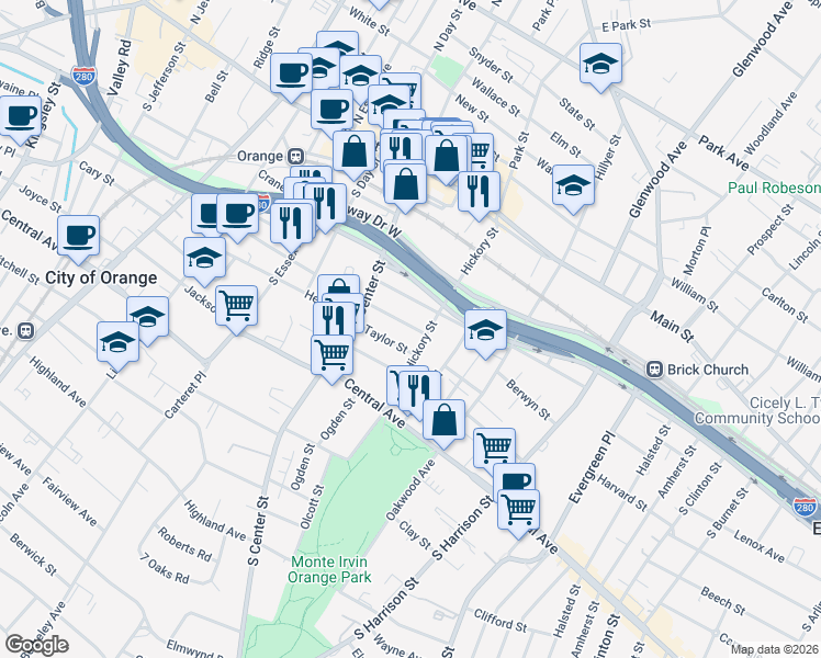 map of restaurants, bars, coffee shops, grocery stores, and more near 166 Pierson Street in City of Orange