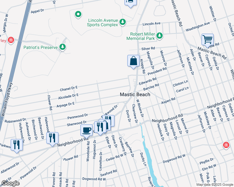 map of restaurants, bars, coffee shops, grocery stores, and more near 133 Arpage Drive East in Shirley