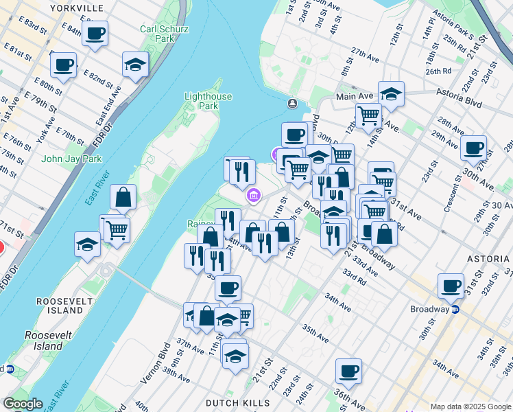 map of restaurants, bars, coffee shops, grocery stores, and more near 9-19 33rd Road in Queens