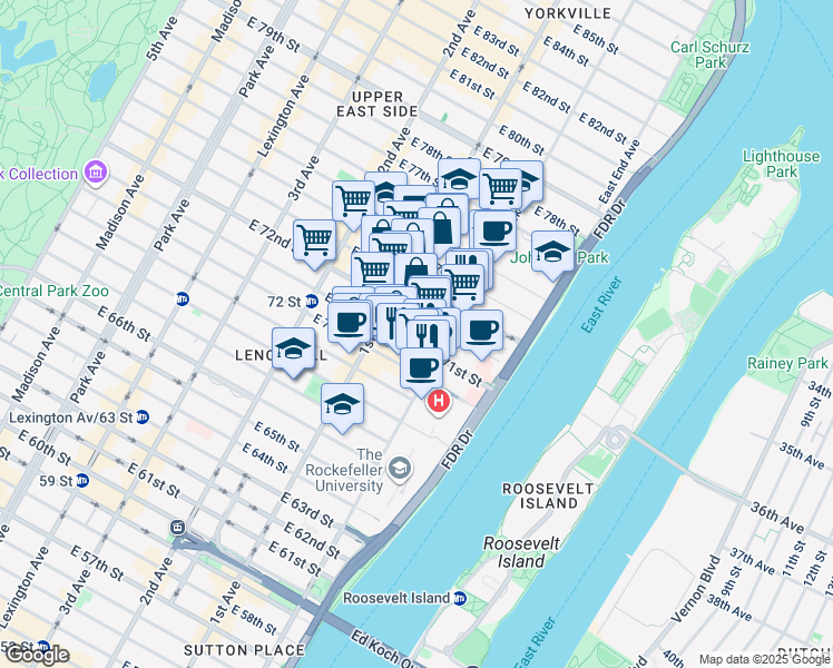 map of restaurants, bars, coffee shops, grocery stores, and more near 422 East 72nd Street in New York