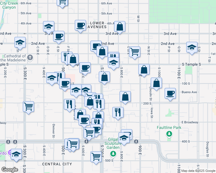 map of restaurants, bars, coffee shops, grocery stores, and more near 730 East 100 South in Salt Lake City