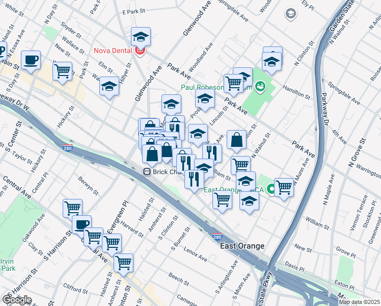 map of restaurants, bars, coffee shops, grocery stores, and more near 508 Main Street in East Orange