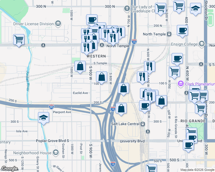 map of restaurants, bars, coffee shops, grocery stores, and more near 803 West 100 South in Salt Lake City