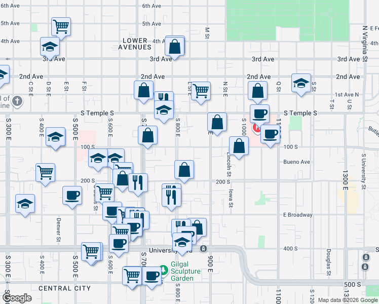map of restaurants, bars, coffee shops, grocery stores, and more near 828 East 100 South in Salt Lake City
