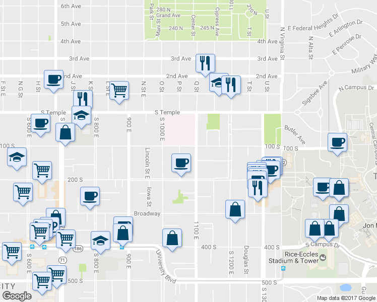 map of restaurants, bars, coffee shops, grocery stores, and more near 1060 East 100 South in Salt Lake City