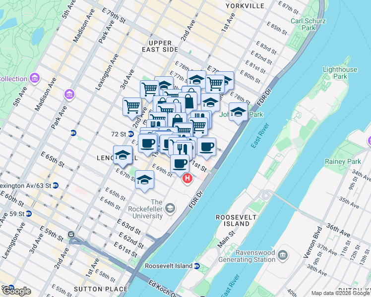 map of restaurants, bars, coffee shops, grocery stores, and more near 434 East 72nd Street in New York